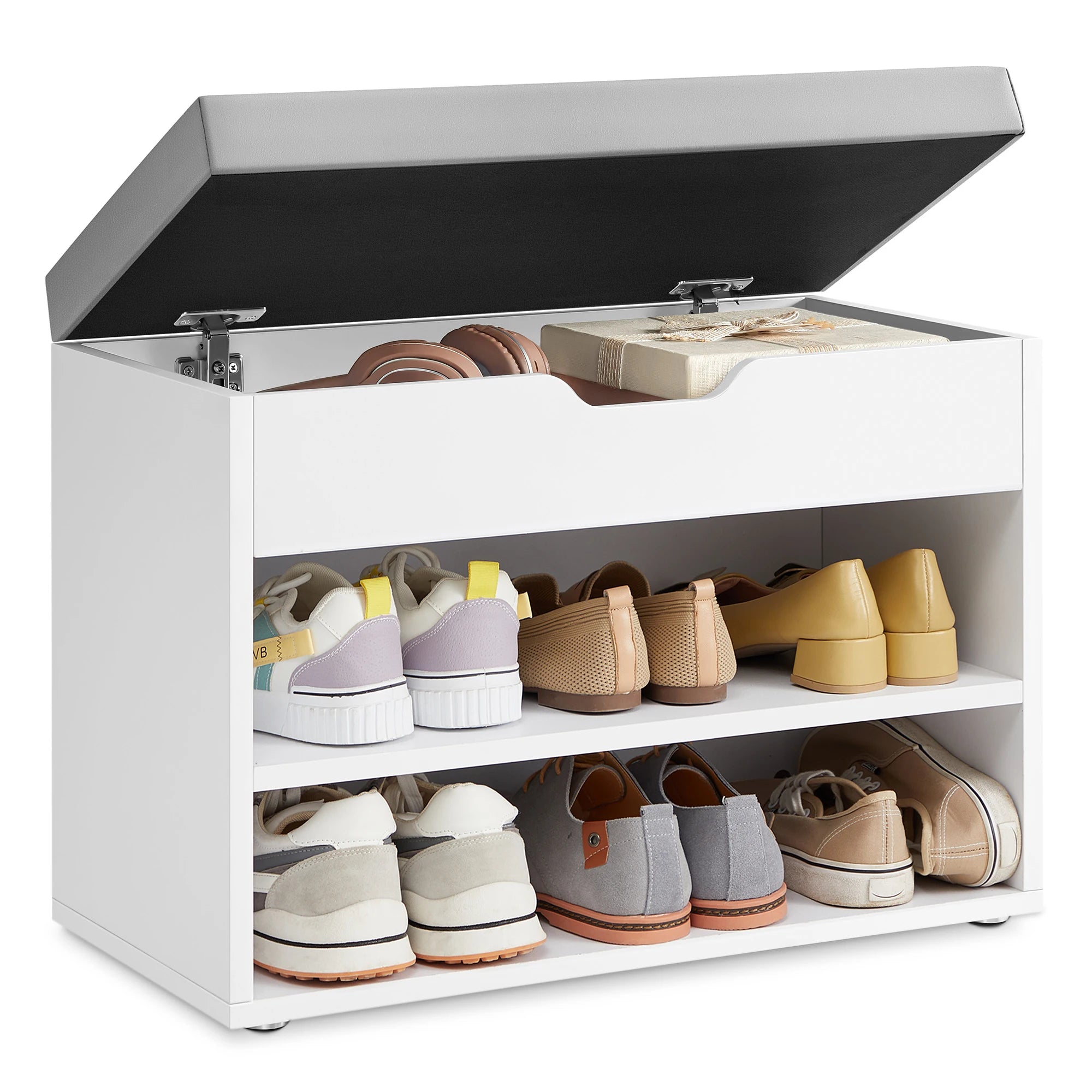 VASAGLE Shoe Bench, Bench, Shoe Rack with Padded Cushion, Shoe Organiser with 3 Levels, 30 x 60 x 44 cm, for Hallway