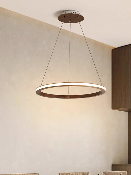 lustre led design moderne en bois anneau décoration rétro