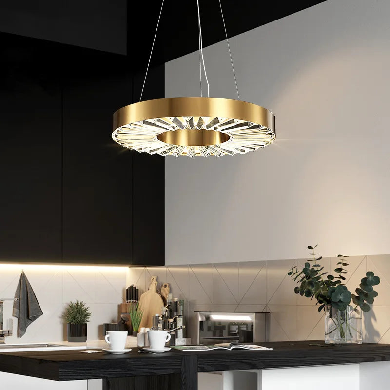 lustre cristal design moderne en acier inoxydable doré suspendu - vue 2 sur 10