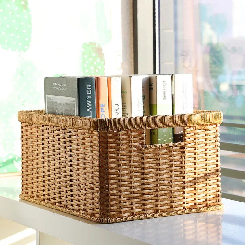 Strong Rectangle Woven Storage Basket with Handles, Waterproof Plastic Baskets for Home Toy Storage, Nest - vue 6 sur 15