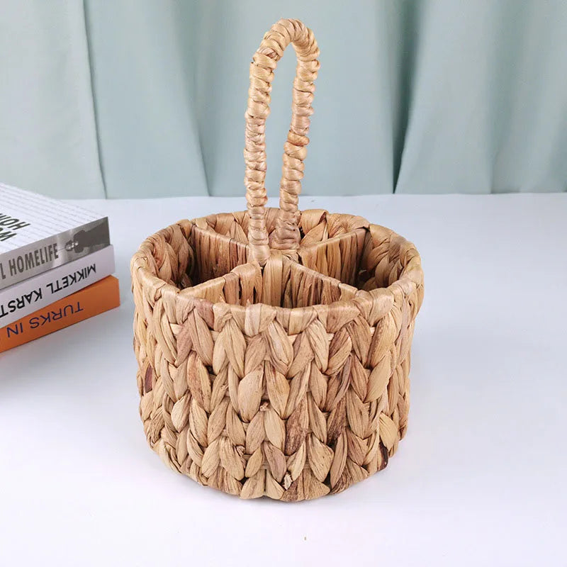 Wicker Flatware Organizer, Hand Woven Water Hyacinth Cutlery Holder for Countertop with Handle - vue 3 sur 6