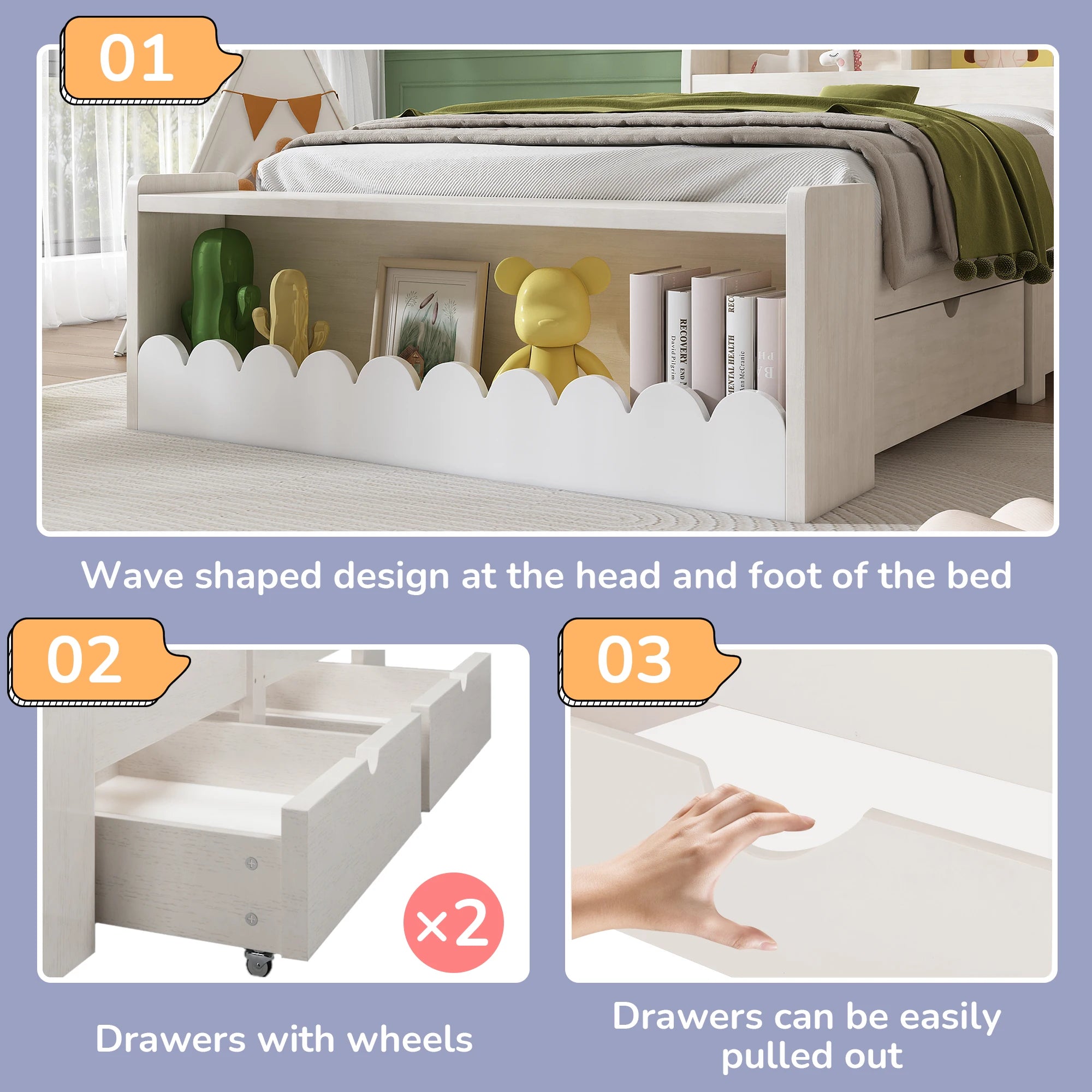 Children bed single bed storage bed with drawers, shelf and bench with storage space, wooden bed 90x200 cm, bed frame and slattenro - vue 4 sur 6