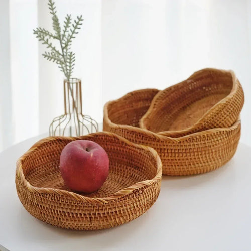 Round Rattan Woven Basket, Wicker Fruit Basket, Bread Food Kitchen Home Decor Organizer, Breadbasket For Kitchen - vue 6 sur 12