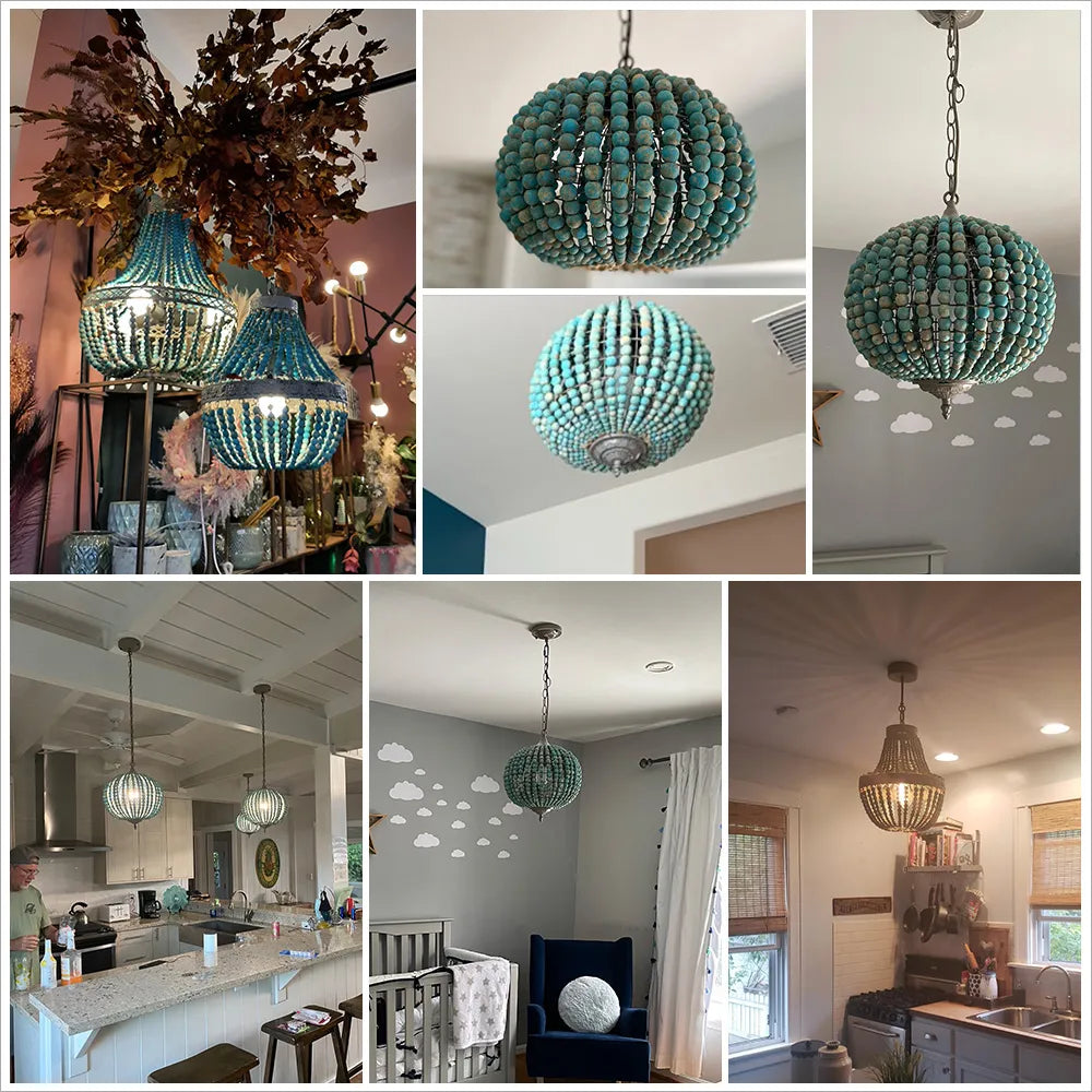 Retro loft vintage rustic round wooden bead chandelier E27 LED pendant light for living room, hotel, kitchen - vue 8 sur 17