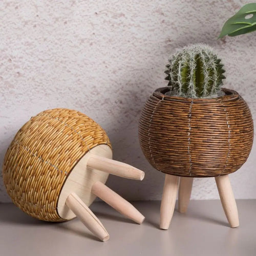 pot de fleurs rotin tressé créatif avec pieds amovibles et support durable