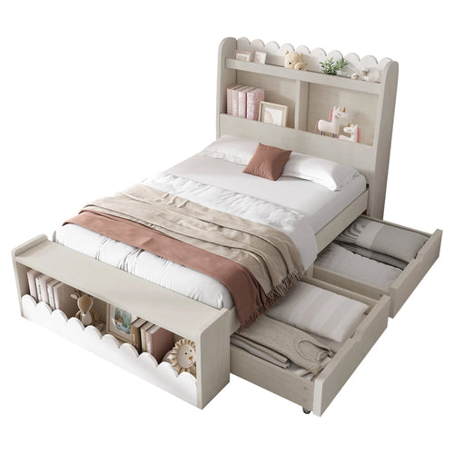 Children bed single bed storage bed with drawers, shelf and bench with storage space, wooden bed 90x200 cm, bed frame and slattenro - vue 3 sur 6