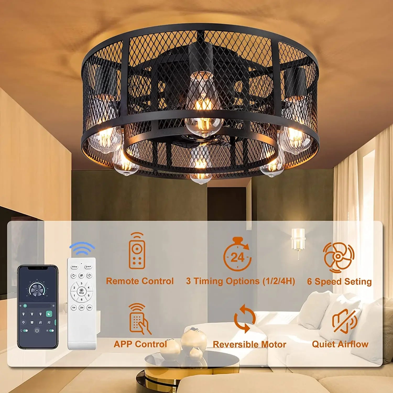 plafonnier industriel sans pales avec lumière et télécommande - vue 5 sur 8