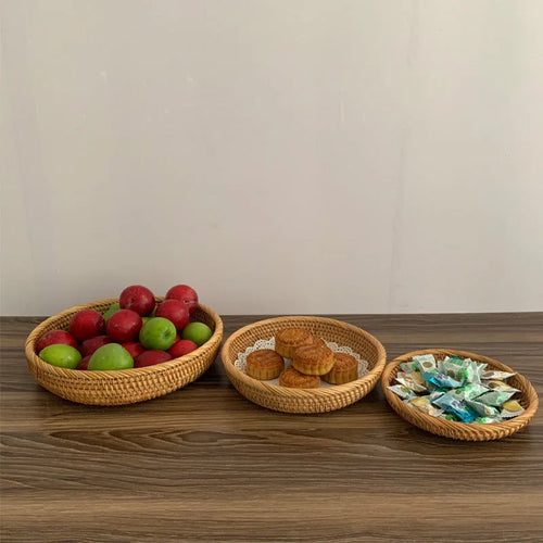 HEMU-Round Rattan Woven Basket, Wicker Fruit Basket, Bread Food, Kitchen Home Decor Organizer - vue 9 sur 12
