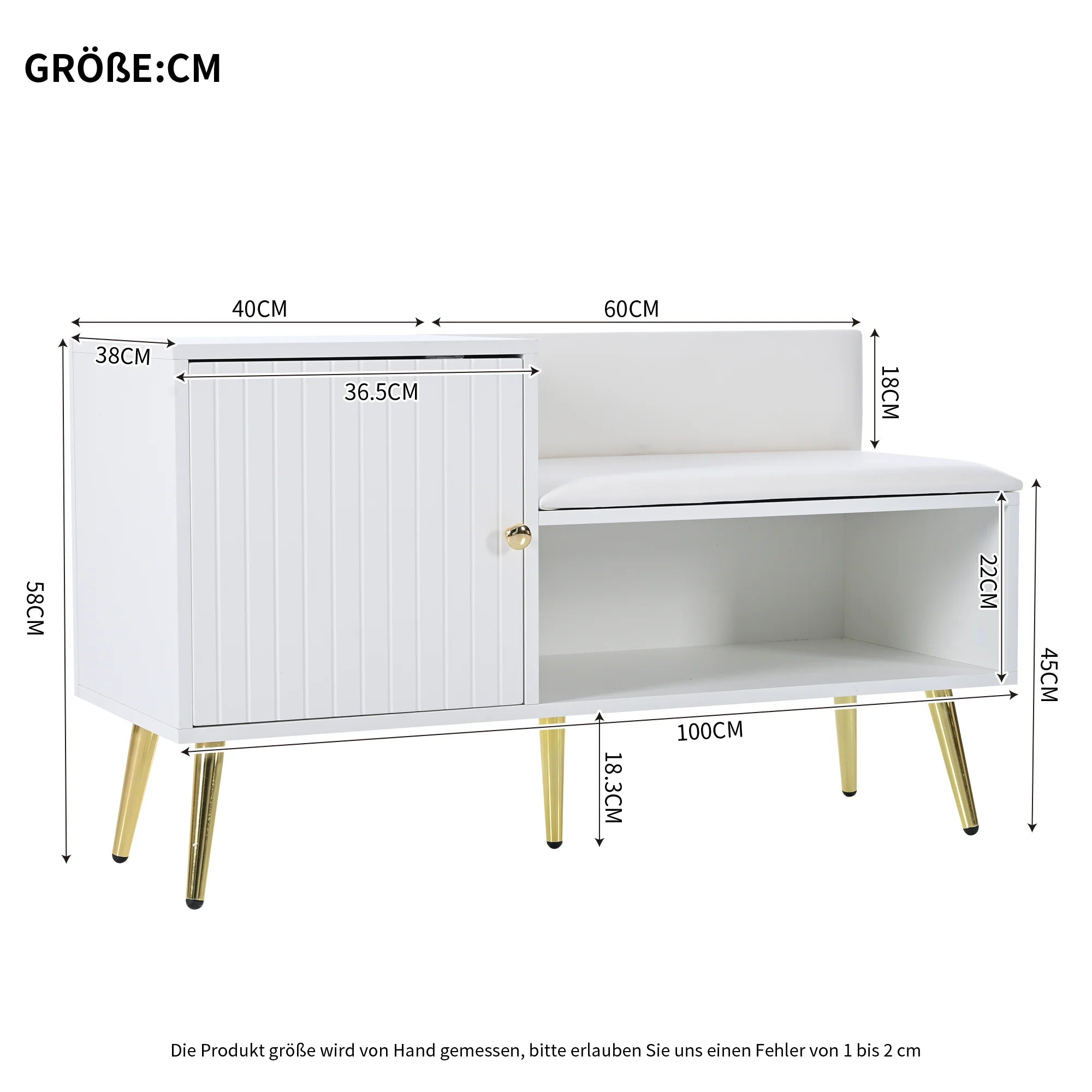 Modern luxury shoe chest in white with storage, upholstered bench and backrest shoe rack with metal handles and Meta - vue 6 sur 6