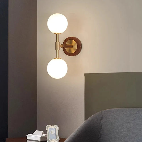 Walnut Wood Glass Sphere Brass, Wabi-sabi Simple Modern Vintage style, Wall Sconce lighting for Bedroom, Bedside, Dining Room - vue 5 sur 8
