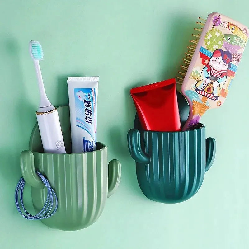 support mural auto-adhésif pour rangement de brosse et dentifrice cactus