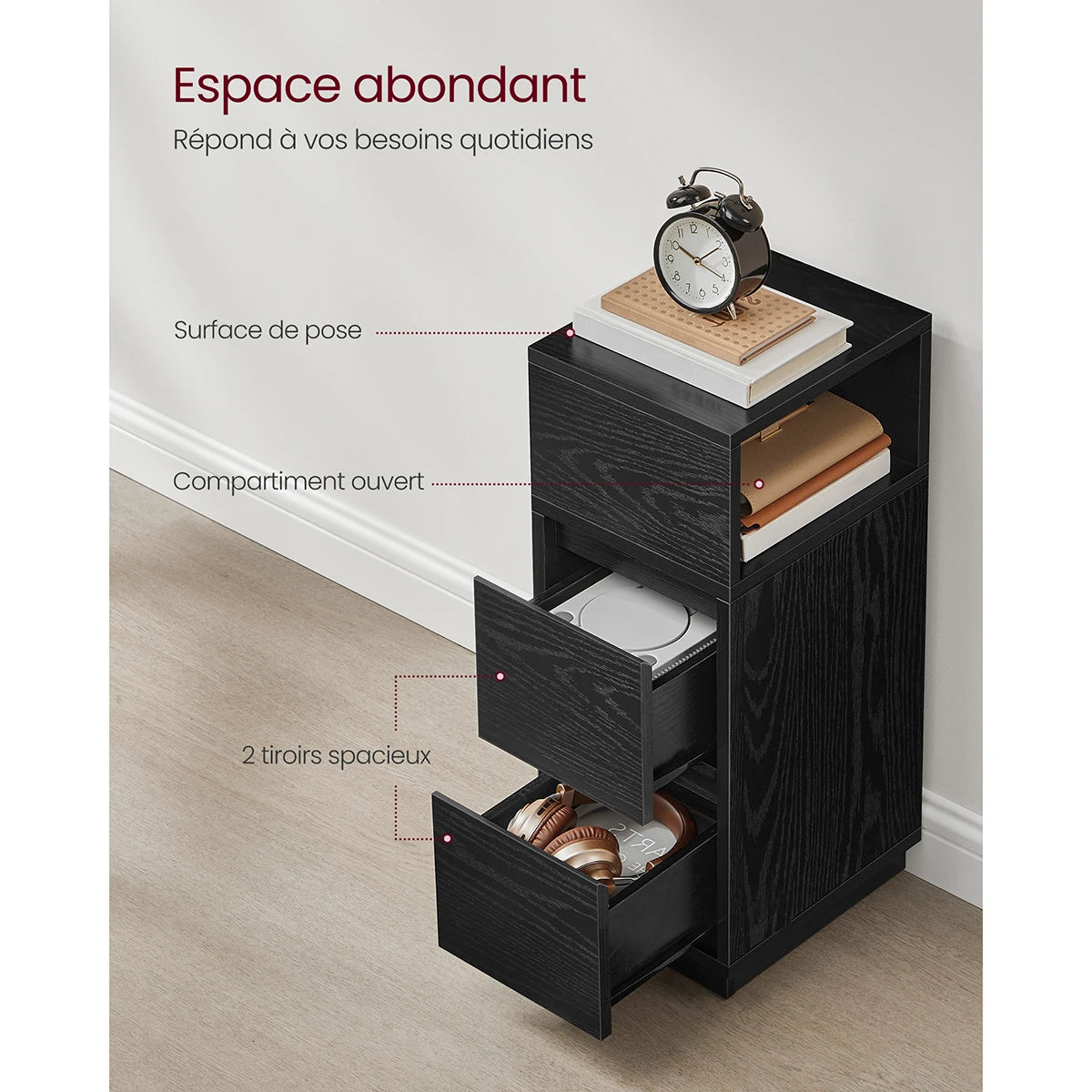 VASAGLE Slim Bedside Tables, Set of 2, Small Narrow Side End Tables with 2 Drawers, 1 Open Compartment Mounted to Face Left - vue 4 sur 9