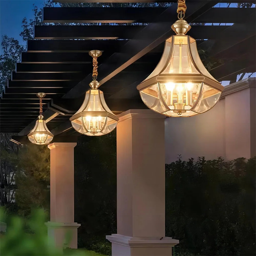 suspension extérieure Style américain Rural plein cuivre étanche lustre Villa porche solarium/couloir/balcon pavillon pavillon lampe en laiton - vue 5 sur 9