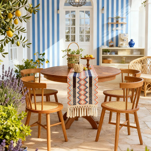 Chemin de table bohème motifs aztèques pompons beige - vue 5 sur 6