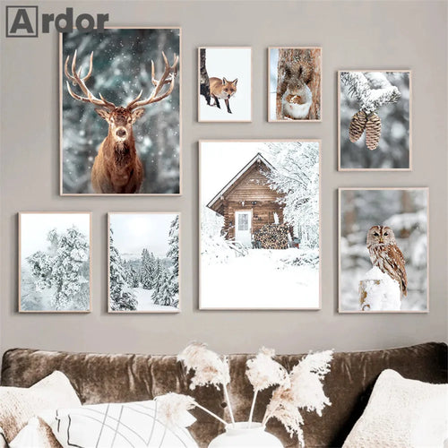 décoration murale forêt hivernale avec renard hibou et cerf