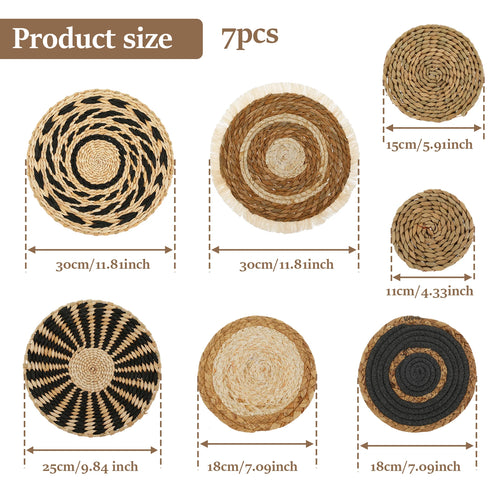 7 Pack Boho Wall Basket Decor, Hanging Woven Wall Basket Decor, Seagrass Rattan Wicker Boho Wall Decor, Round Wall Art - vue 3 sur 7