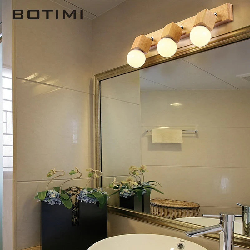 botimi triple applique miroir bois base nordique ajuster hôtel lumières murale - vue 4 sur 10