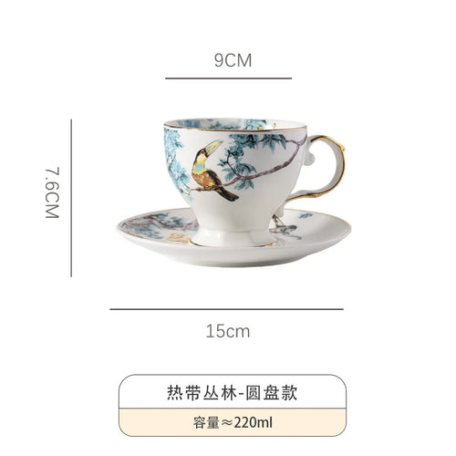Tasses et soucoupes céramique motif fleurs oiseaux