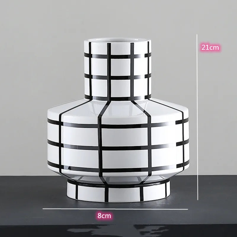 Black and White Striped Ceramic Vase, Flower Pot Decoration, Home and Living Room Decoration, Creative Geometric Striped Vase - vue 15 sur 18