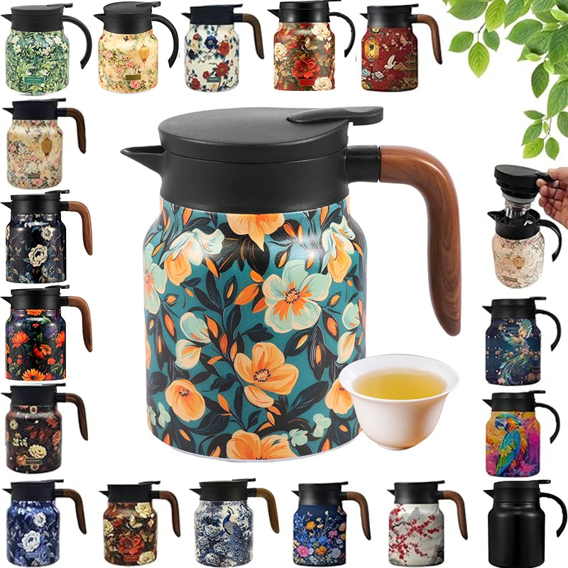 théière isotherme vintage motif floral inox infuseur thermostat - vue 2 sur 7