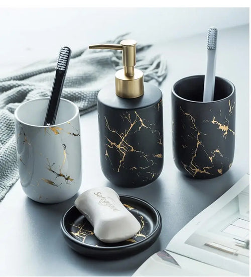 Black Marbled Bathroom Accessories Set, Ceramic Soap Dispenser, Toothbrush Holder, Box, Decoration - vue 3 sur 17