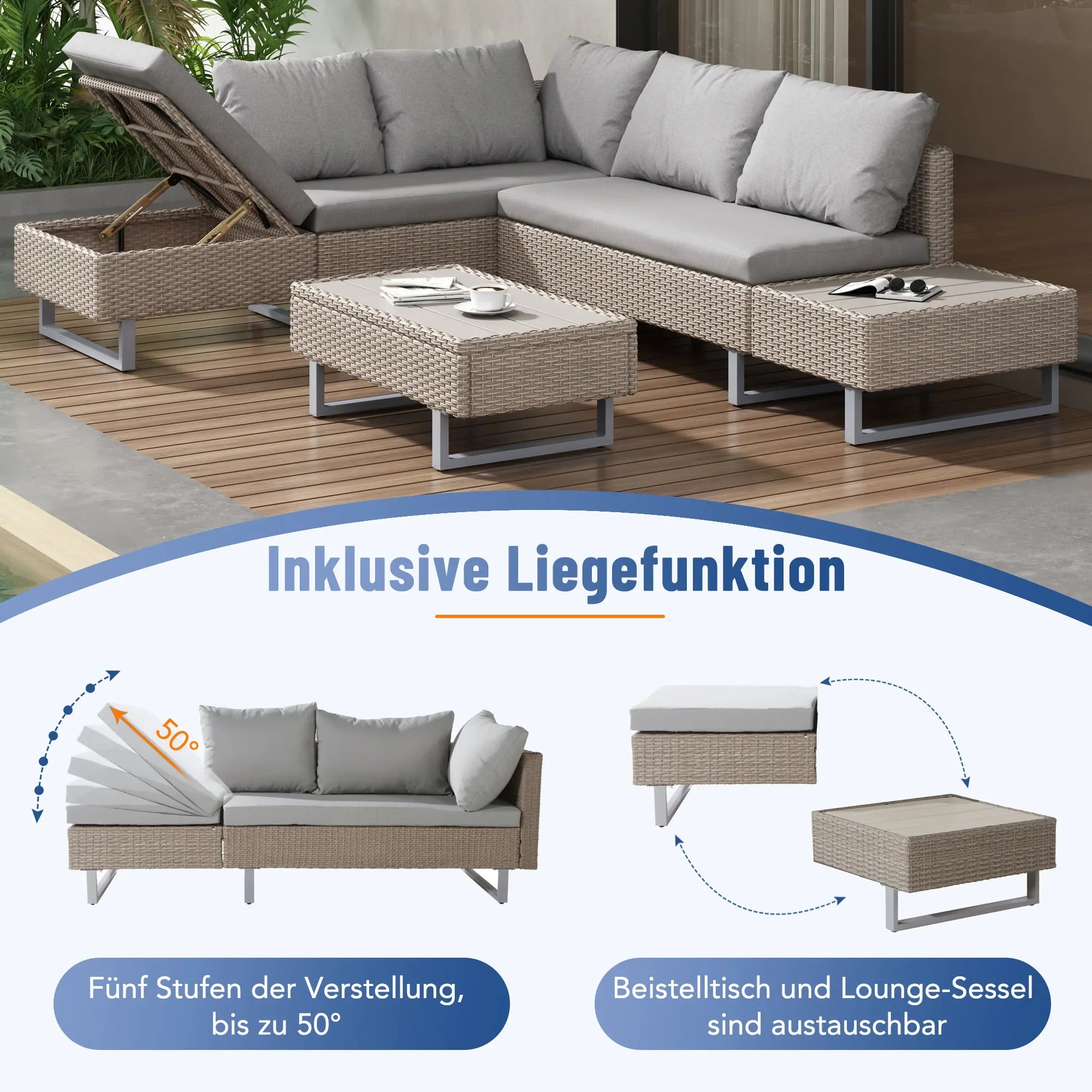 Poly Rattan Garden Lounge Set – 4-5 Seater Corner Sofa with Table & Cushions, Removable Washable Covers, Khaki - vue 3 sur 6