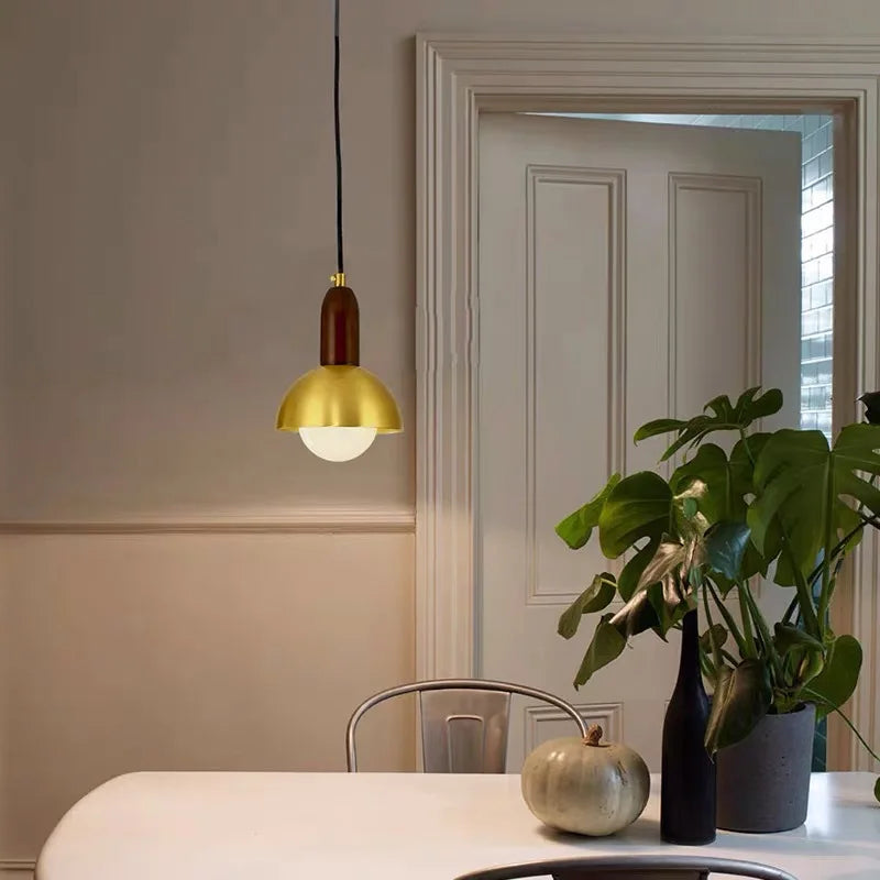 Minimalist Japanese style chandelier in black walnut with brass wall light - vue 5 sur 8