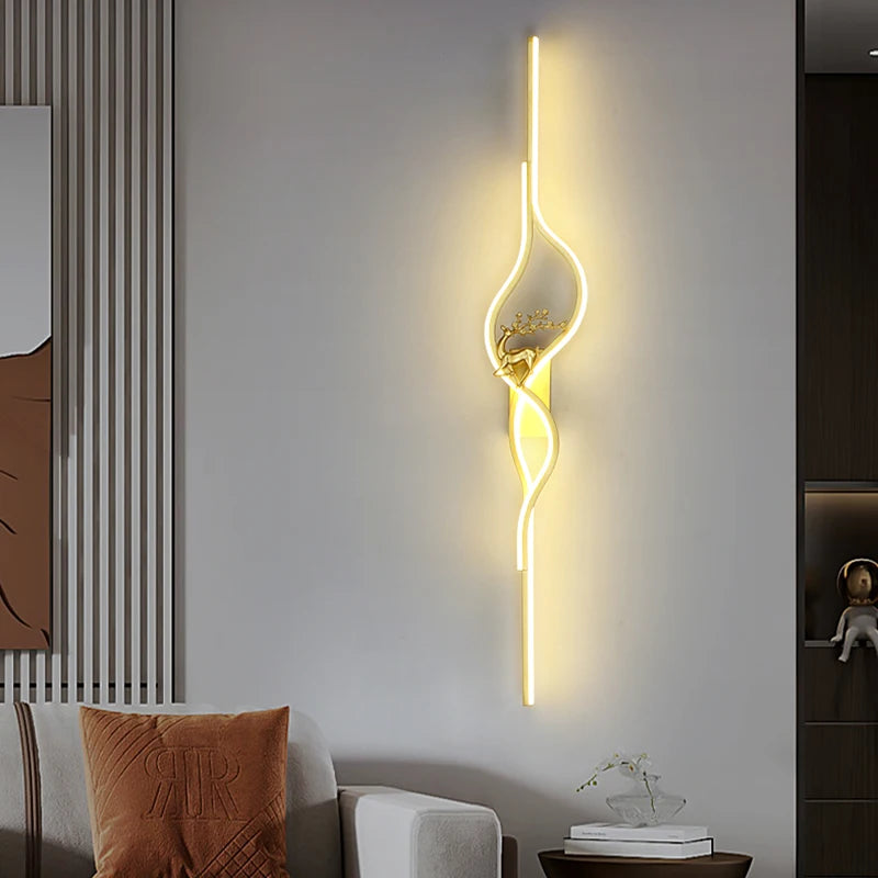 Modern Living Room Long Wall Lights with Anlter Design Gold Black TV Background Decorative Wall Lamp for Bedroom Remote Control - vue 5 sur 23