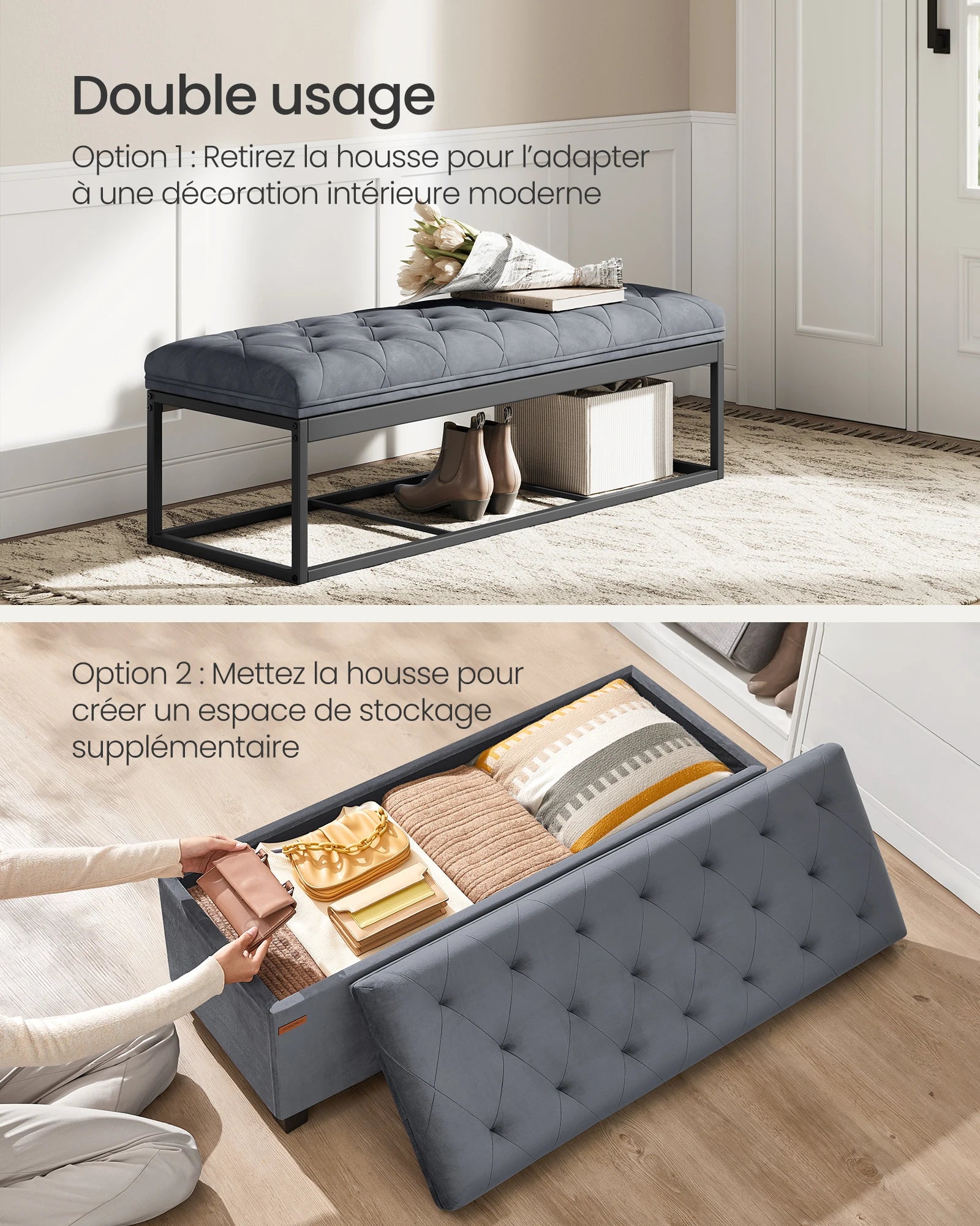 SONGMICS Stool with Storage Space, Bench with Legs, 40 x 110 x 40 cm Footstool, Storage Box, Maximum Load 300 kg - vue 3 sur 8
