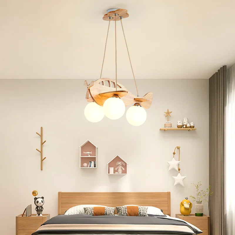 lustre avion en bois led pour chambre d'enfant moderne - vue 5 sur 7