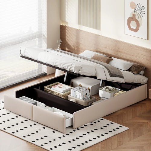 Upholstered Bed, Linen Fabric, without Headboard, Storage Bed, with Slatted Frame and 2 Storage Drawers, Beige, 140 x 200 cm - vue 5 sur 8