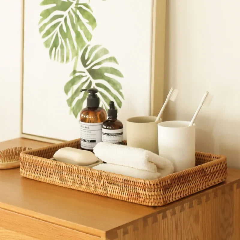 Handwoven Rattan Storage Basket Square Wicker Tray Picnic Basket Bread Food Plate Fruit Cake, Sundries Box, Home Desk Decoration - vue 3 sur 9