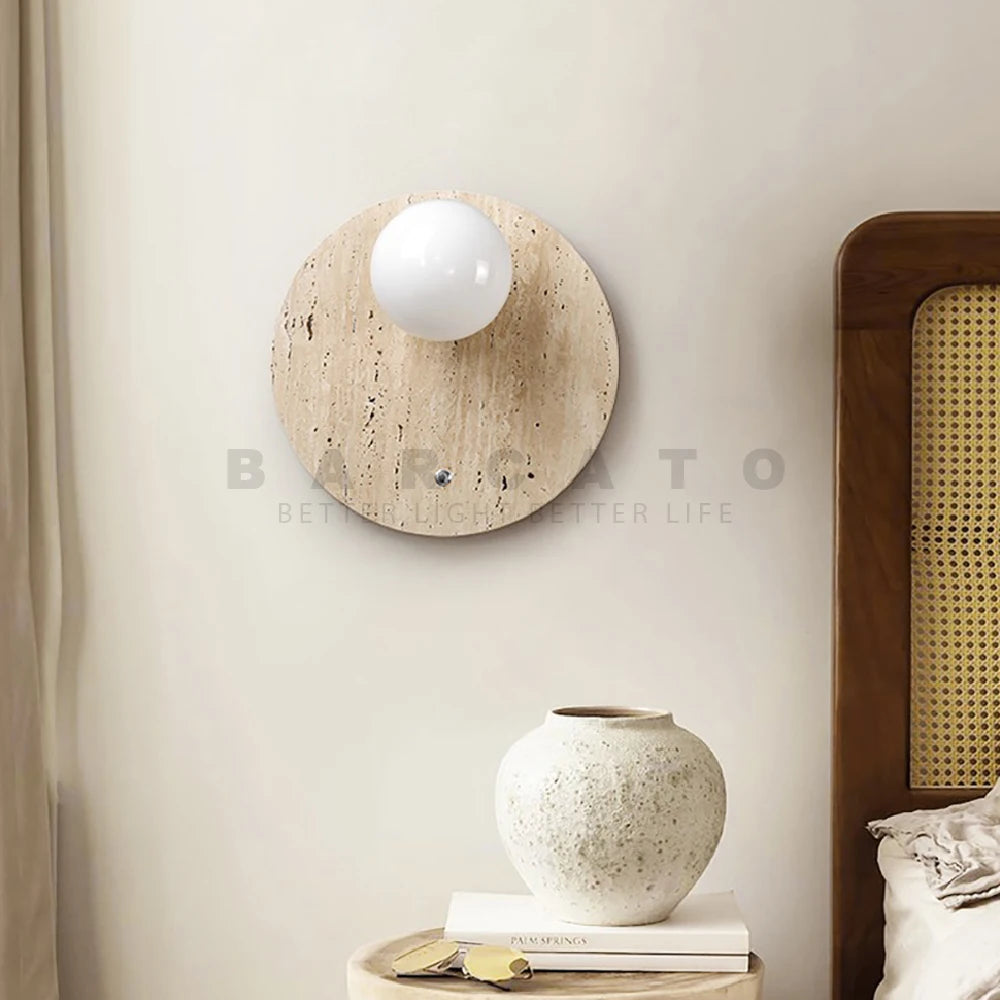 applique style travertin beige cercle lumière décor - vue 6 sur 8