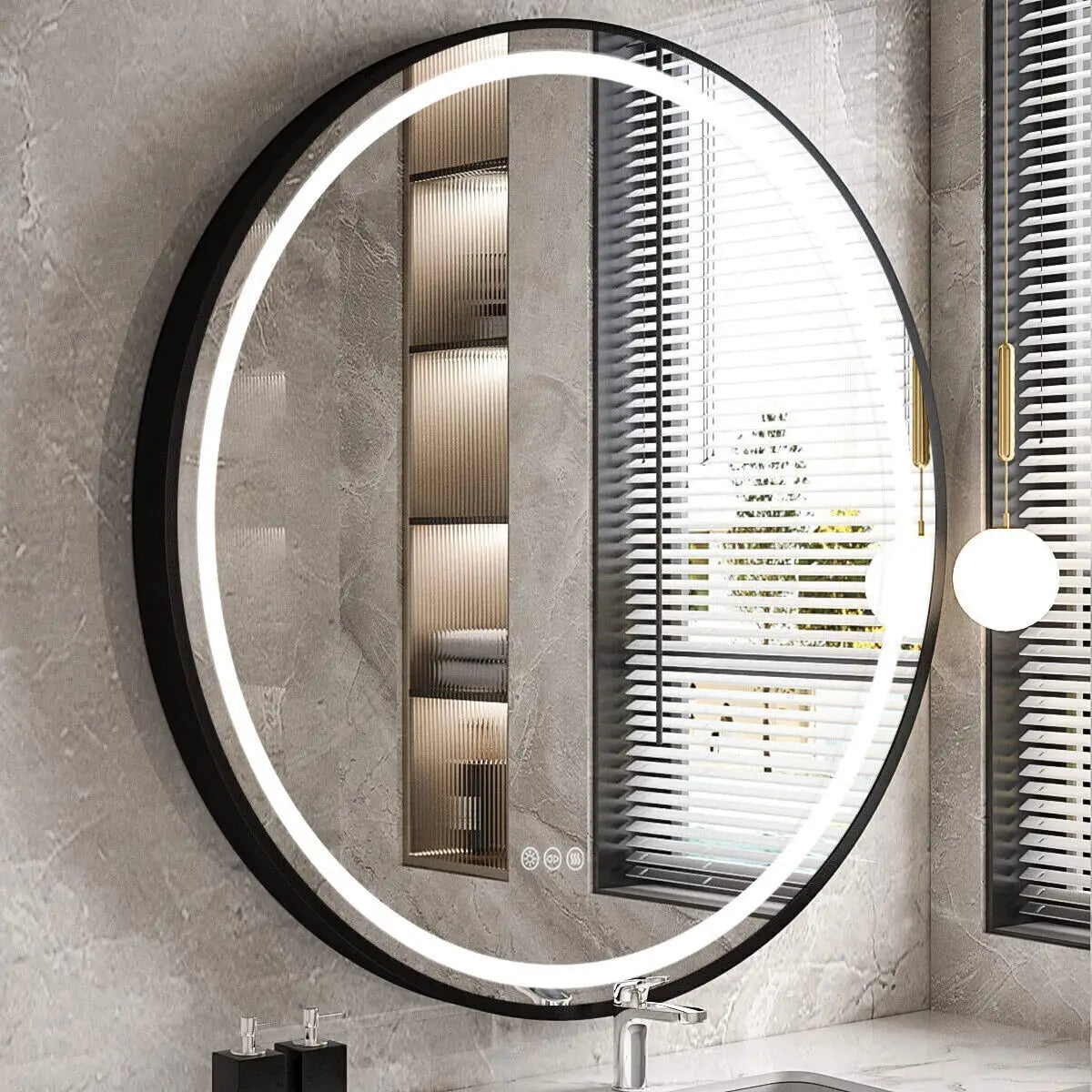 600mm Round LED Mirror Illuminated Lighted Wall Hanging Bathroom Mirror, Anti-fog, Golden/ Black Frame for Bathroom Entryway - vue 4 sur 8