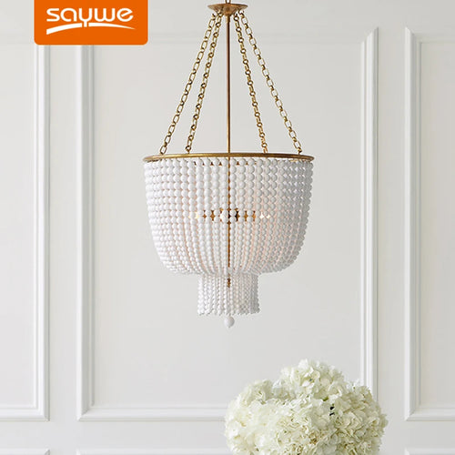 Moderne rétro rond E14 LED salon doré/chrome lustre lampe en cristal transparent perle en bois lustre - vue 2 sur 6
