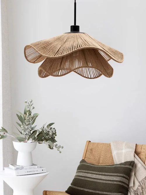 Cotton rope and straw hat nordic vintage pendant light - vue 5 sur 14