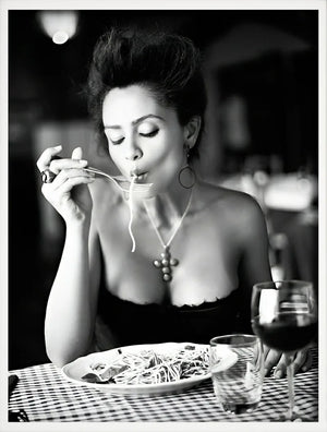Women drinking wine and eating spaghetti decorative poster