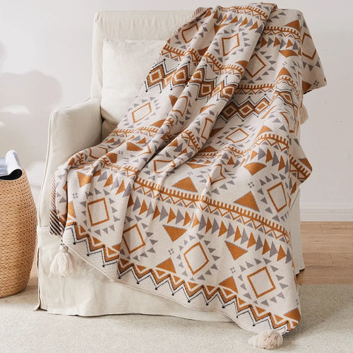 Plaid tricot rayé bohème avec pompons géométrique salon