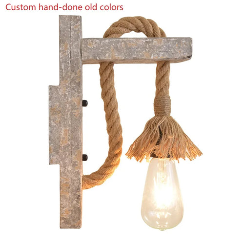 Vintage industrial wood and hemp rope LED wall light loft - vue 16 sur 15