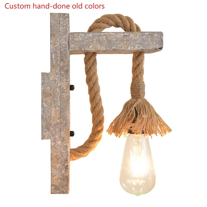 Vintage industrial wood and hemp rope LED wall light loft - vue 15 sur 15