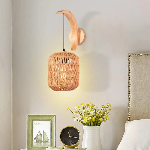 Vintage hemp rope and industrial wood wall light - vue 2 sur 9