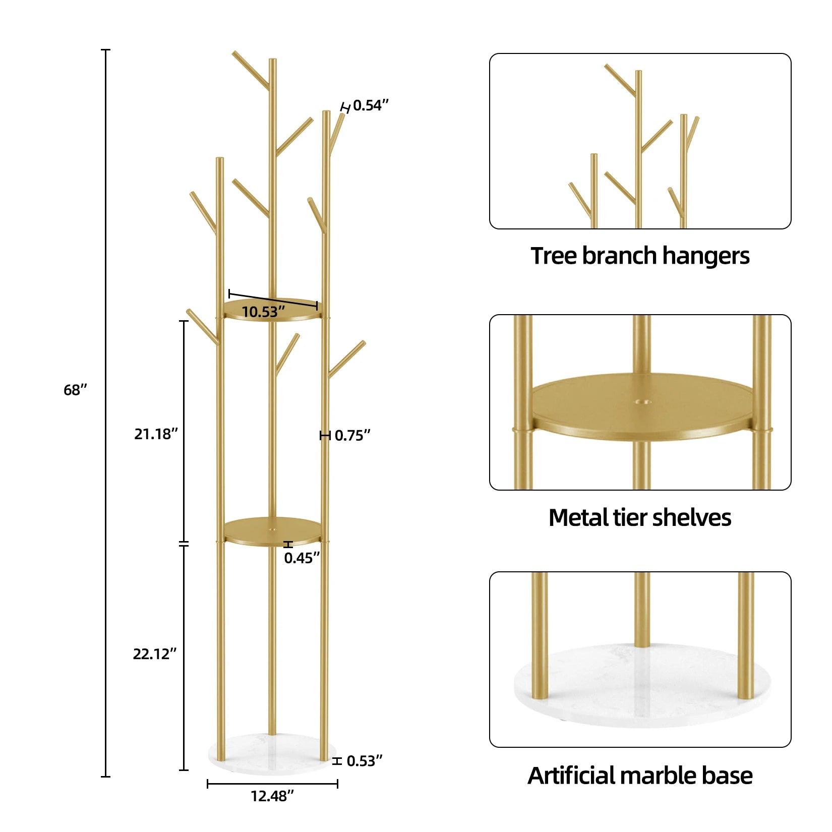 Marble Metal Coat Rack Freestanding with 3 Storage Shelves and 9 Hooks, Enterway Hall Tree for Hanging Coats, Jackets, Hats, Bag - vue 6 sur 7