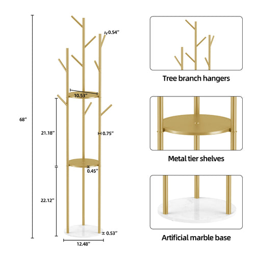 Marble Metal Coat Rack Freestanding with 3 Storage Shelves and 9 Hooks, Enterway Hall Tree for Hanging Coats, Jackets, Hats, Bag - vue 7 sur 7