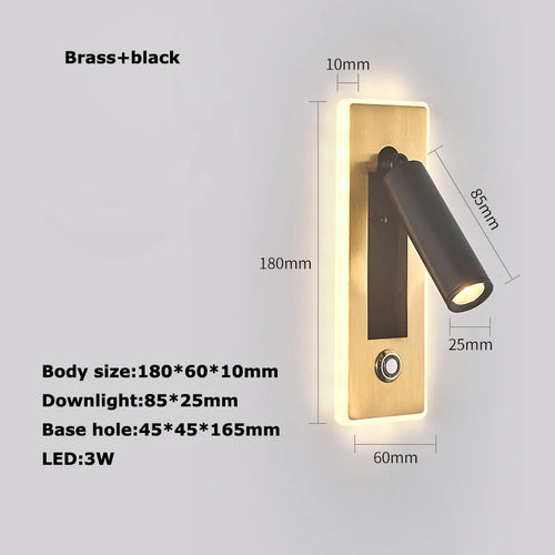 LED Brass Black Wall Lamp Wall Light Wall Sconce Wall Mounted Reading Light with Switch and USB Port, Rotatable For Bedroom - vue 13 sur 23