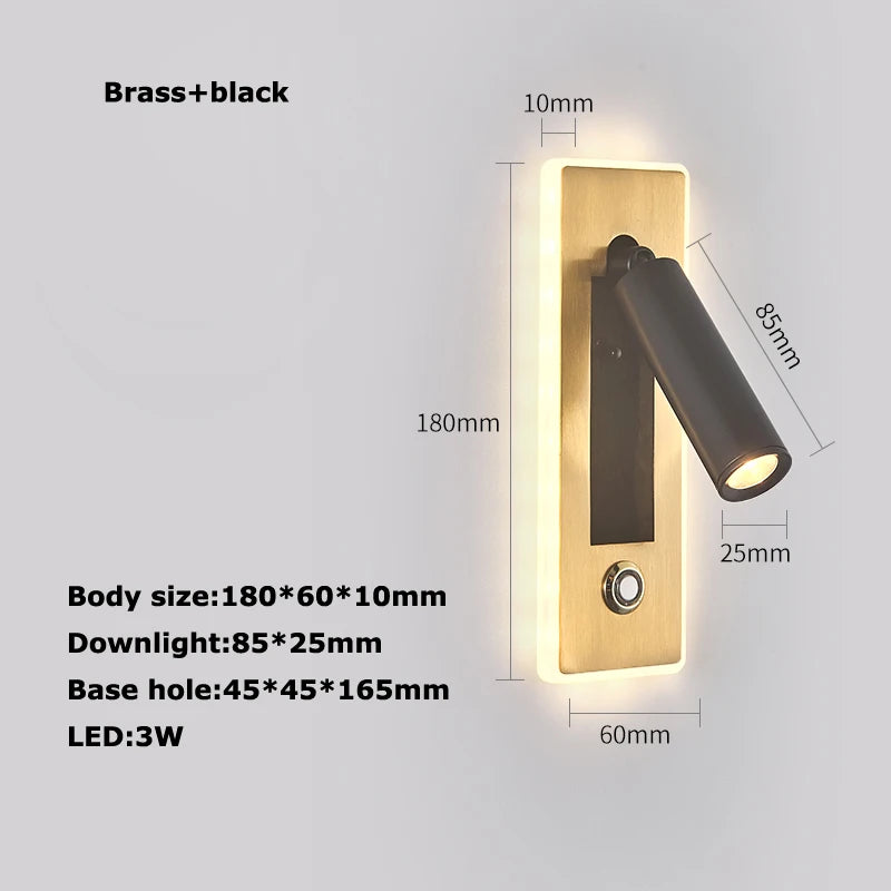 LED Brass Black Wall Lamp Wall Light Wall Sconce Wall Mounted Reading Light with Switch and USB Port, Rotatable For Bedroom - vue 12 sur 23