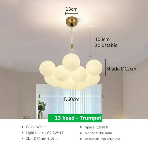 lustre verre moderne boules blanches led décoration salon salle manger - vue 14 sur 18