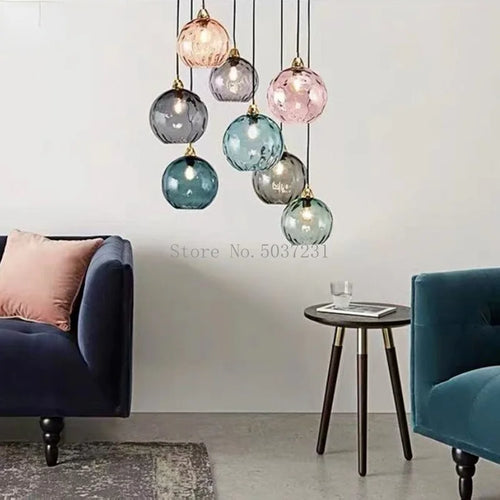 Lustre boule de verre coloré nordique lampes suspendues moderne Grain d'eau Restaurant cuisine luminaire suspendu chambre lampe de chevet - vue 3 sur 29