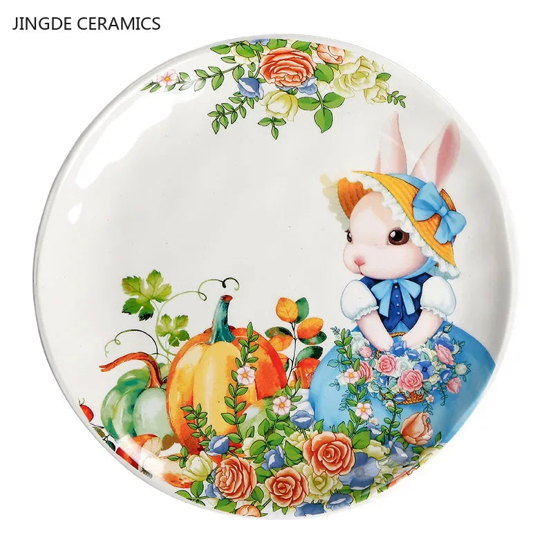 Assiette céramique motif citrouille et lapin style jardin