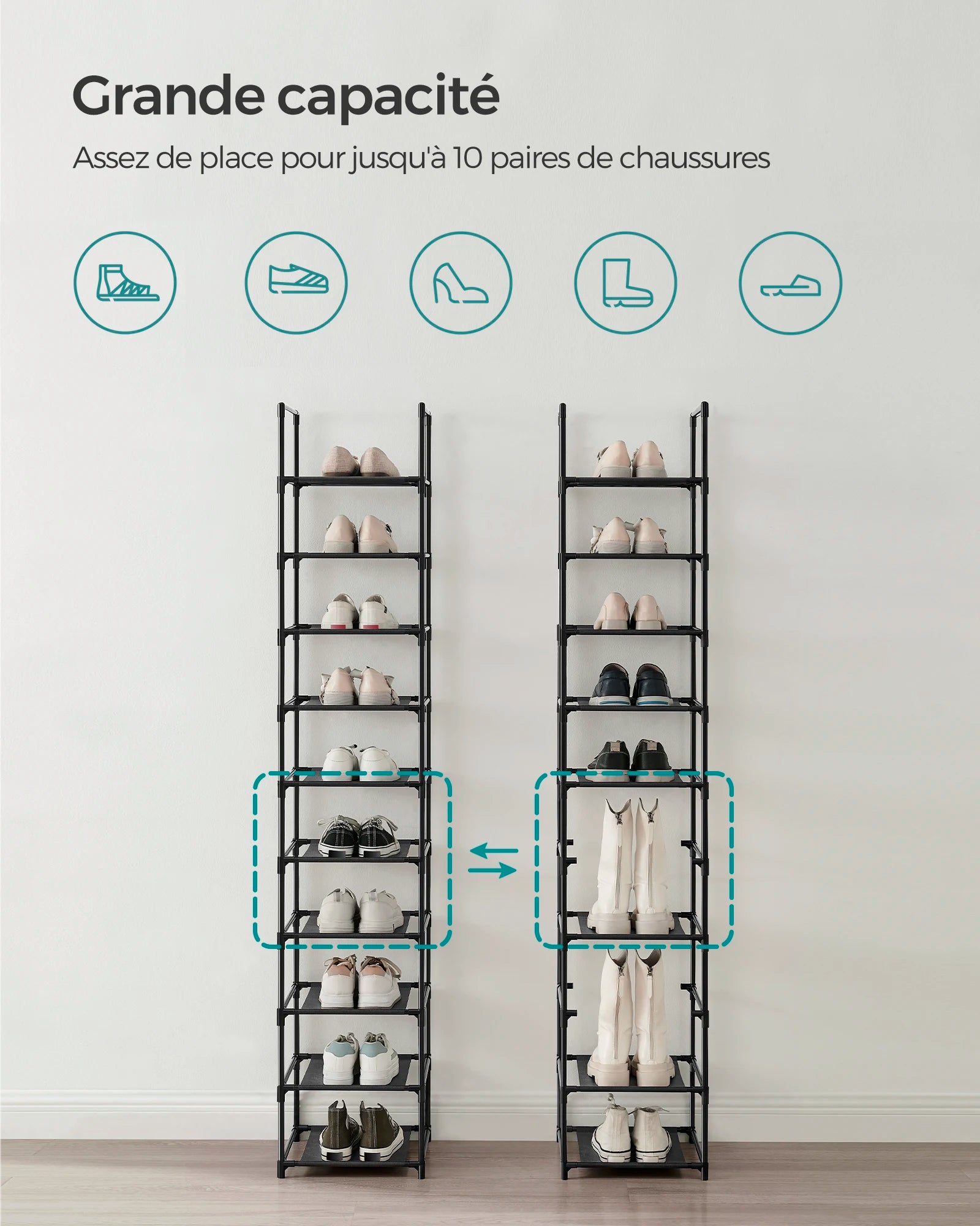 SONGMICS 10-Tier Shoe Rack, Shoe Stand, Space-Saving Shoe Storage, 33 x 33 x 173 cm, Metal Frame, Non-Woven Fabric Shelves - vue 3 sur 7