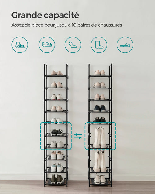 SONGMICS 10-Tier Shoe Rack, Shoe Stand, Space-Saving Shoe Storage, 33 x 33 x 173 cm, Metal Frame, Non-Woven Fabric Shelves - vue 4 sur 7